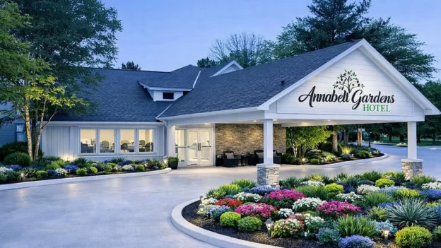 Entrance to the Annabell Gardens Hotel surrounded by colorful landscaped flower beds at dusk